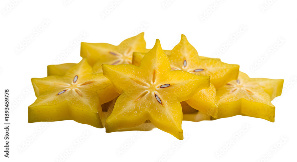 Close up of a pile of sliced yellow star fruit on a black background Close up of a pile of sliced yellow star fruit on a black background