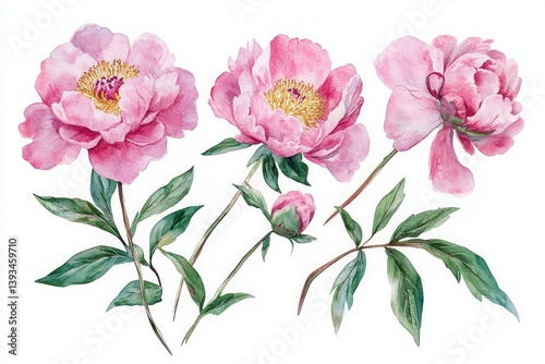 Watercolor illustration of three blooming pink peony flowers with green leaves and one flower bud on white.
