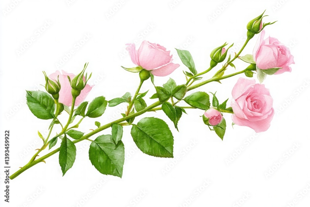 Obraz premium Watercolor illustration of a pink rose branch with blooming flowers, leaves, and rosebuds on white.