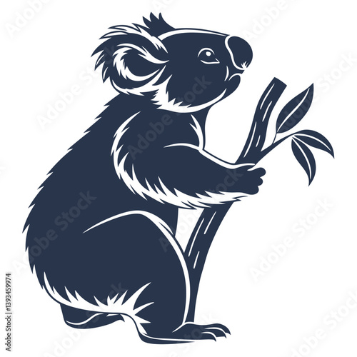 Stylized Koala Silhouette Clinging To Eucalyptus Branch, Isolated on White Background