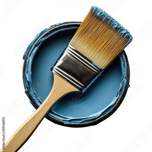 top view lay flat paint brush laying on paint isolated on transparent background