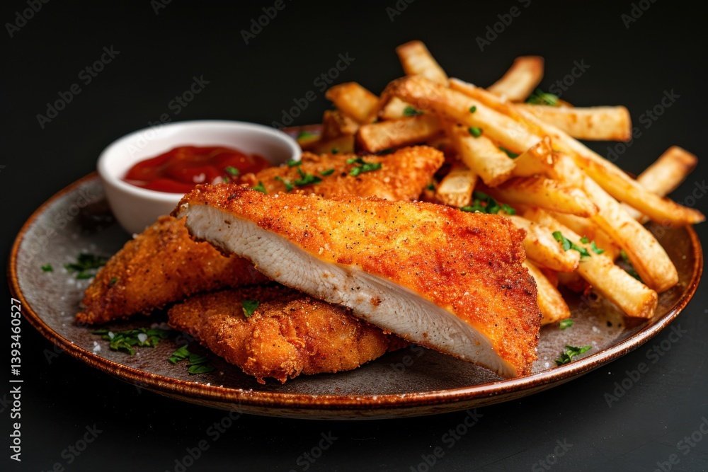 Delicious fried fish fillets served with crispy fries and tangy dipping sauce on a black background Delicious fried fish fillets served with crispy fries and tangy dipping sauce on a black background