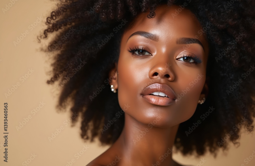 Close-up portrait of attractive black woman with afro hairstyle. Face features perfect skin, eye make-up, glossy lips. Beauty fashion concept for cosmetics, skincare, hair care products, beauty salon.