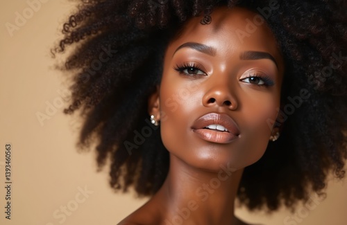 Obraz na płótnie Close-up portrait of attractive black woman with afro hairstyle. Face features perfect skin, eye make-up, glossy lips. Beauty fashion concept for cosmetics, skincare, hair care products, beauty salon. w salonie