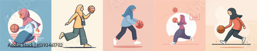 vector of hijab woman playing basketball