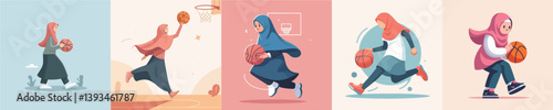 hijab woman vector playing basketball
