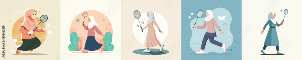 vector of hijab woman playing badminton vector of hijab woman playing badminton