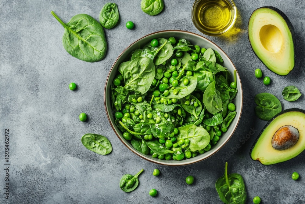 Obraz premium Green spinach and pea salad in a bowl, surrounded by avocado and olive oil on dark stone background.