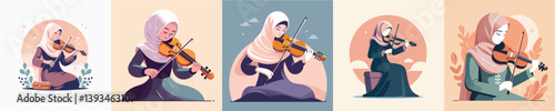 vector of a woman in hijab playing the violin