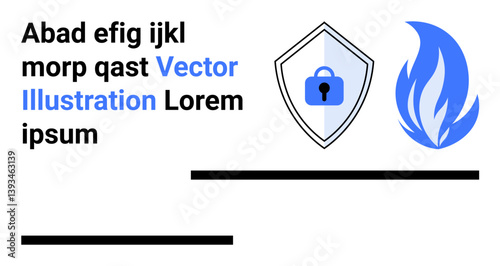 Shield with a lock signifying security next to a vibrant blue flame representing protection. Ideal for cybersecurity, data protection, insurance, safety, firewall, system monitoring, flat landing