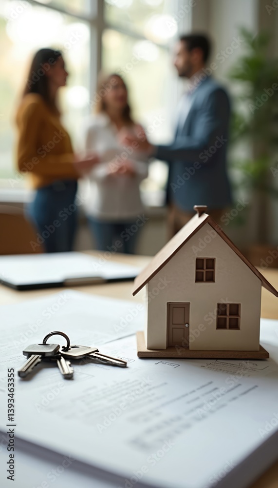 Model house keys rest on table with client, realtor discussing real estate deal. Business meeting, property agreement. Home investment concept. Purchase of house, modern interior design.