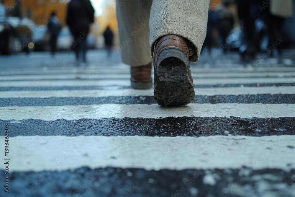 Fototapeta premium Person walking across a wet city crosswalk