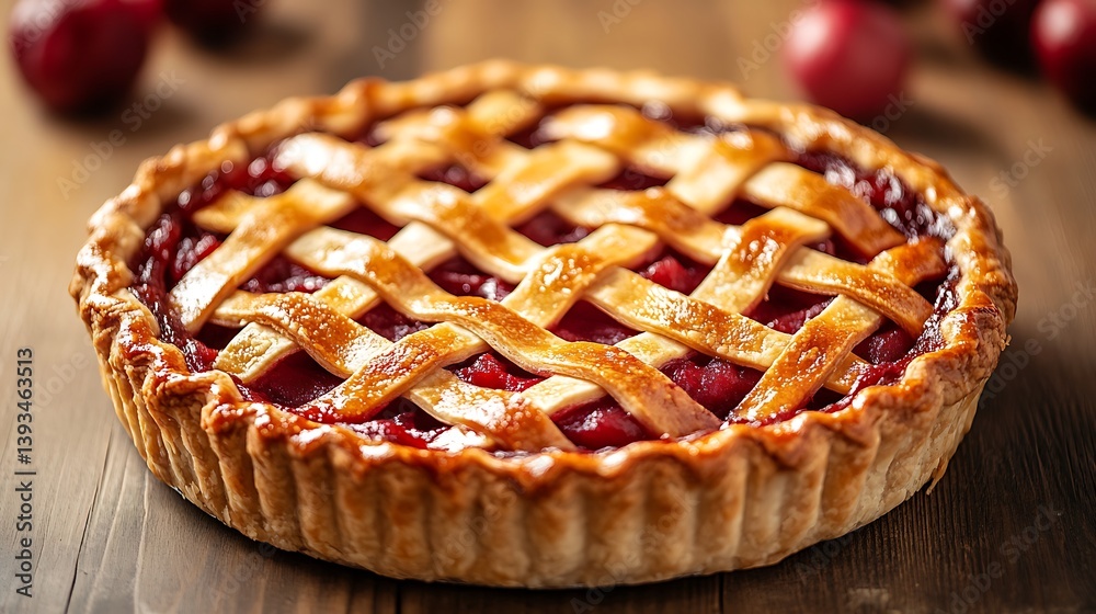 Cherry pie with golden lattice crust on wooden table. Glossy finish and juicy filling. Homemade dessert with rustic charm. Traditional recipe for cozy British Pie Week celebration Cherry pie with golden lattice crust on wooden table. Glossy finish and juicy filling. Homemade dessert with rustic charm. Traditional recipe for cozy British Pie Week celebration