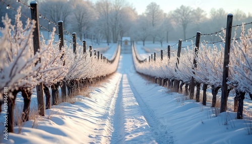 Snow-covered grapevines in winter vineyard. Frozen branches covered by snow, ice crystals at cold frosty weather. Winter landscape at countryside with snowdrifts. Agriculture, farming in cold season.