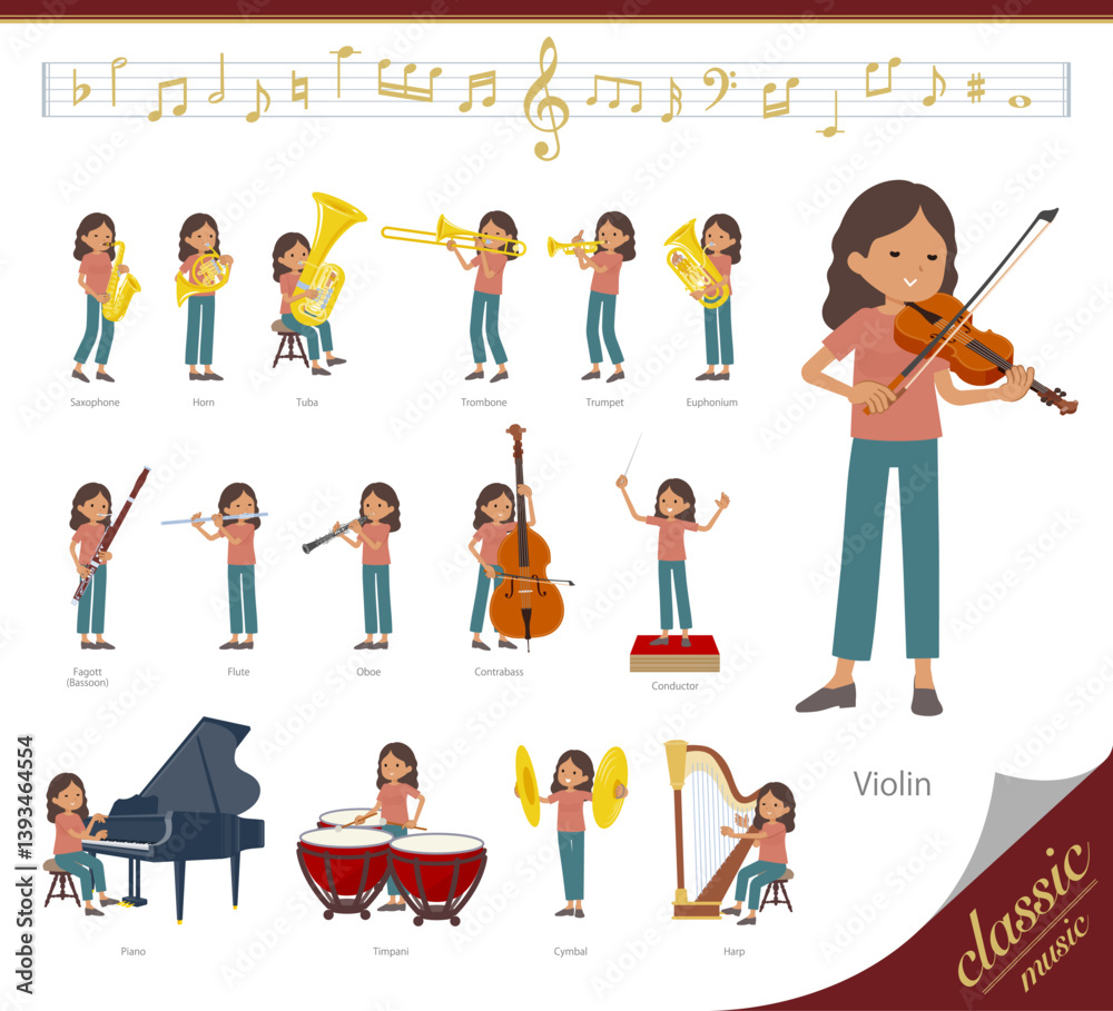 Fototapeta premium クラシック音楽演奏に関する褐色肌女性のセット