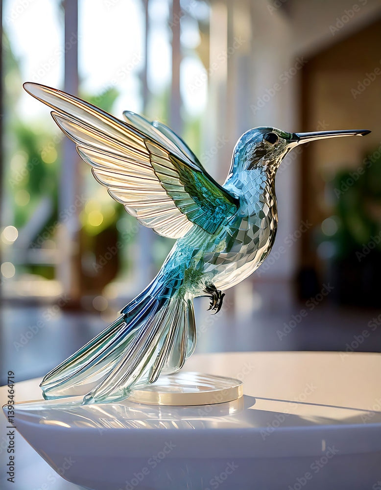 Fototapeta premium Elegant crystal hummingbird sculpture, wings outstretched in midflight. Captures freedom, grace, and delicate beauty. Ideal for home decor, naturethemed projects, or luxury branding.