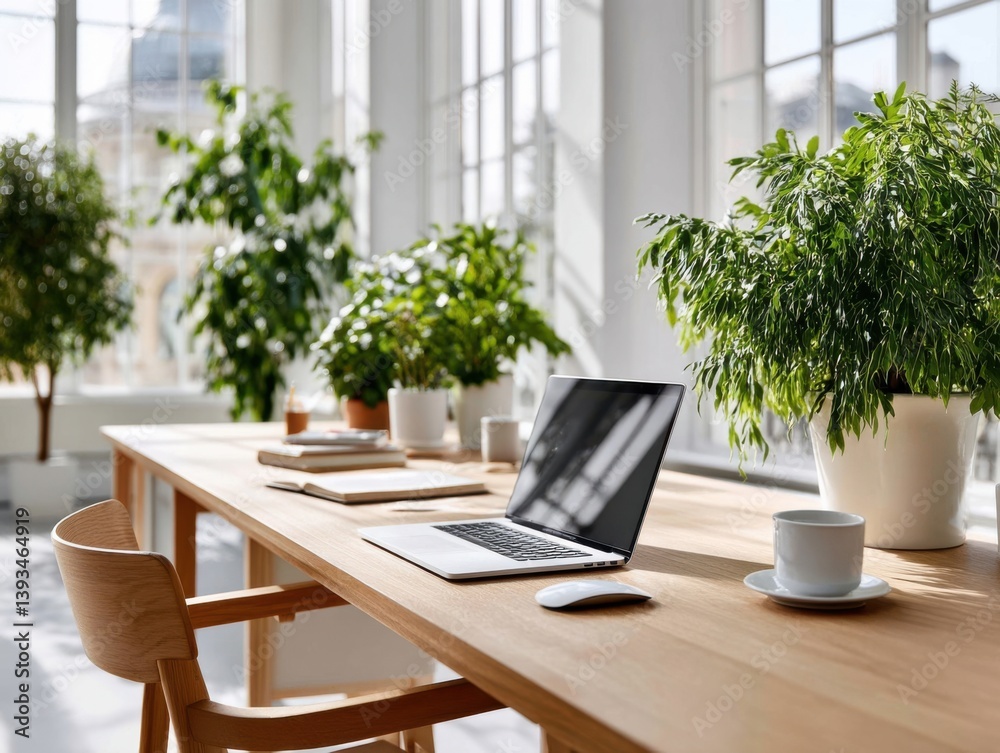 Fototapeta premium Modern workspace with plants and laptop in bright, sunny interior during a productive morning