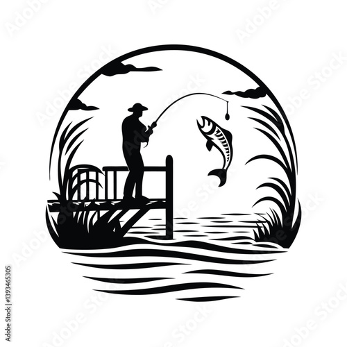 a angler catching a fish silhouette