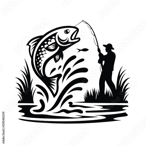 a angler catching a fish silhouette