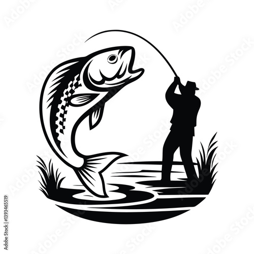 a angler catching a fish silhouette