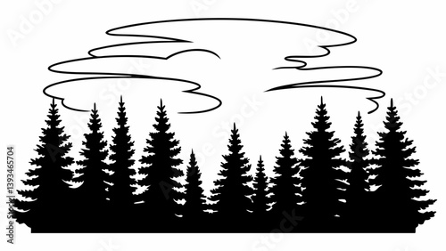 Scenic Black and White Pine Forest Silhouette Clouds Nature Landscape