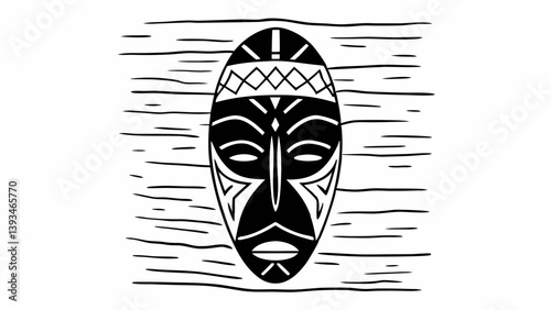 Black and White African Tribal Mask Wood Grain Illustration Graphic