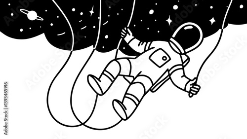 Floating Astronaut in Space Cartoon - Black and White Line Art Illustration of Stars and Planet