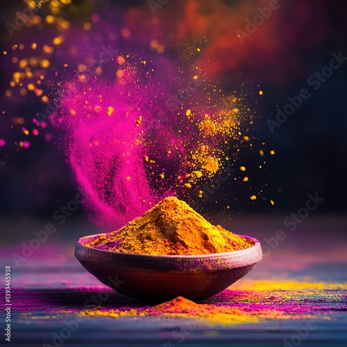 Bright pink and yellow Holi powder splashing from bowls · Ideal for Holi festival ads, spring celebration graphics, cultural event promotions, and joyful ethnic festival content