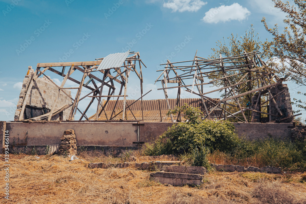 Naklejka premium Countryside. A house destroyed by shelling. War in Ukraine