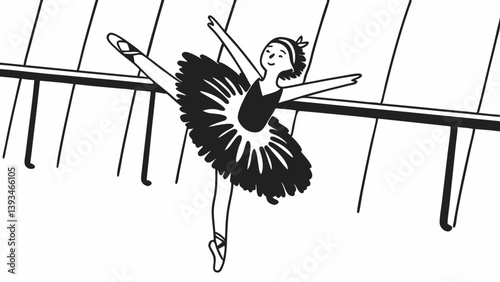 Ballerina in Black Tutu at Barre Ballet Practice Line Art Illustration