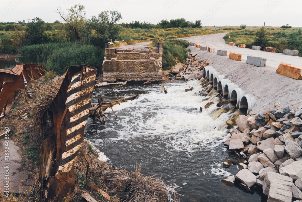 Obraz premium Bridge on the river, destroyed by the water flow. Catastrophe, natural disaster, flood. Destruction of infrastructure