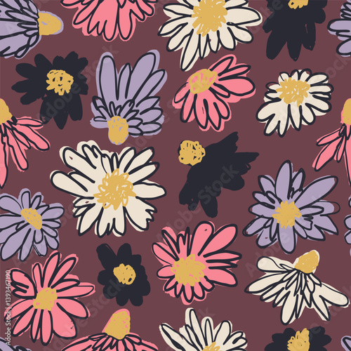 Seamless pattern with hand drawn colorful ditsy scribble flowers on brown background. Vintage inky bold florals repeat texture. Modern minimalist daisy blooms wallpaper.