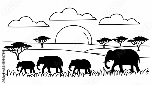 African Savanna Sunset Elephant Family Silhouette Line Art Illustration
