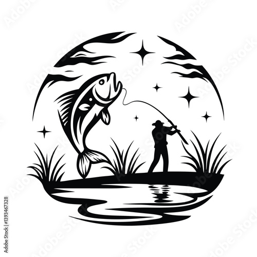 a angler catching a fish silhouette