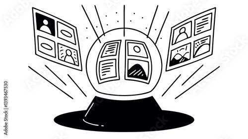 Black and White Doodle Crystal Ball Projecting Video Conference and Photos
