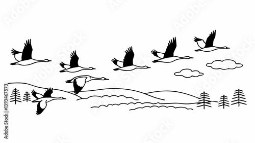 Migrating Geese in V Formation Flight Black and White Line Art Drawing of Birds in Nature Landscape with Hills and Trees