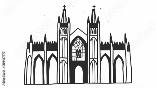 Black and White Gothic Cathedral Illustration Line Art Detailed Sketch Church Architecture Towers Spires Stained Glass Window