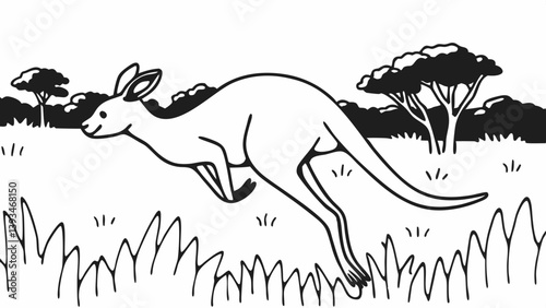 Black and White Leaping Kangaroo Line Art Australian Savanna Grassy Trees Wildlife Art