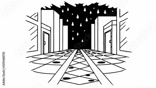 Cartoon Black and White Line Art Hallway Illustration Perspective Doors Columns Tracks Tiled Floor Dark Ceiling Hanging Lights Raindrops