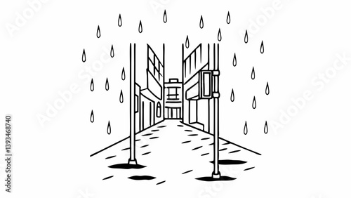 Rainy City Street Black and White Line Art Illustration - Urban Alley with Buildings, Lampposts, Puddles