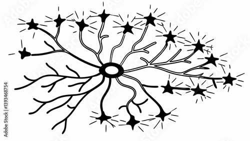 Radial Starburst Neuron Branching Black and White Line Art