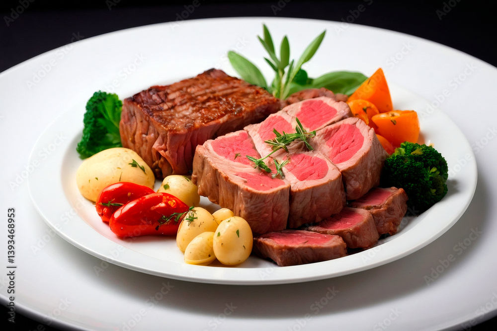 Gourmet beef dish with sides served elegantly on a white plate Generative AI Gourmet beef dish with sides served elegantly on a white plate Generative AI