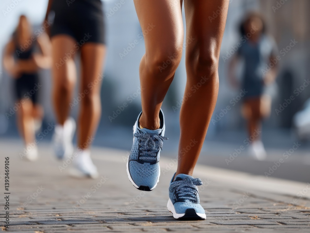 Fototapeta premium Women running on city streets during daytime, showcasing athletic footwear and dynamic movement