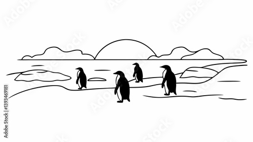 Antarctic Penguins Black and White Line Art Snow Illustration