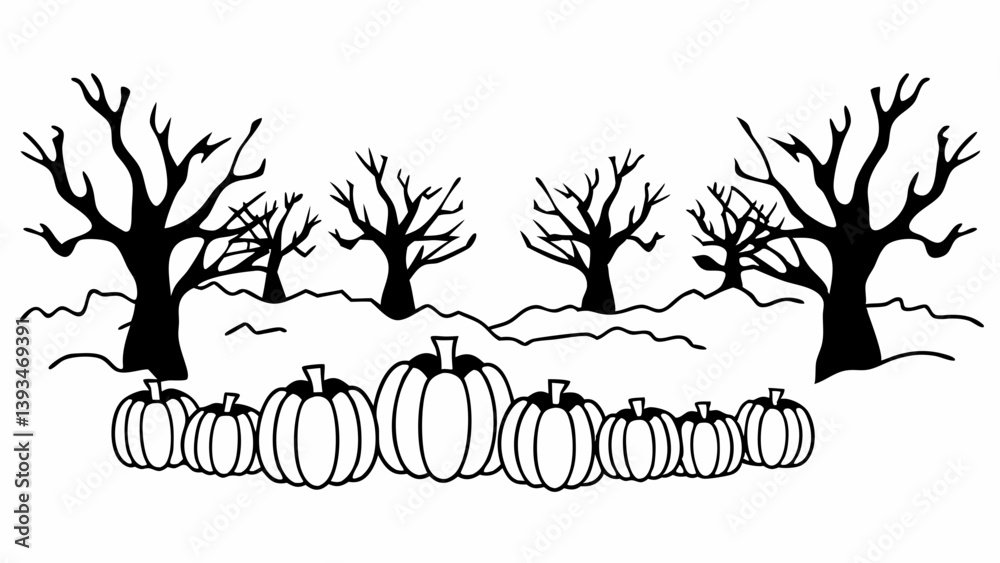 Fototapeta premium Spooky Halloween Pumpkin Patch Bare Trees Black and White Line Art
