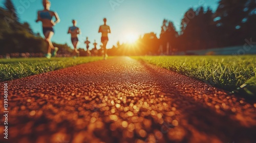 Fototapeta Naklejka Na Ścianę i Meble -  Runners on a track at sunset
