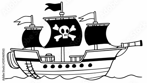 Black and White Cartoon Pirate Ship Jolly Roger Sails - Nautical Line Art Pirate Boat Ocean Waves Skull and Crossbones Vector Art