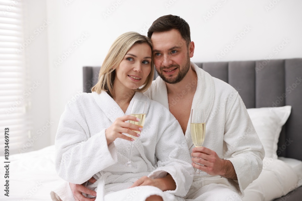 Spa. Happy couple in bathrobes with glasses of champagne sitting on bed indoors Spa. Happy couple in bathrobes with glasses of champagne sitting on bed indoors