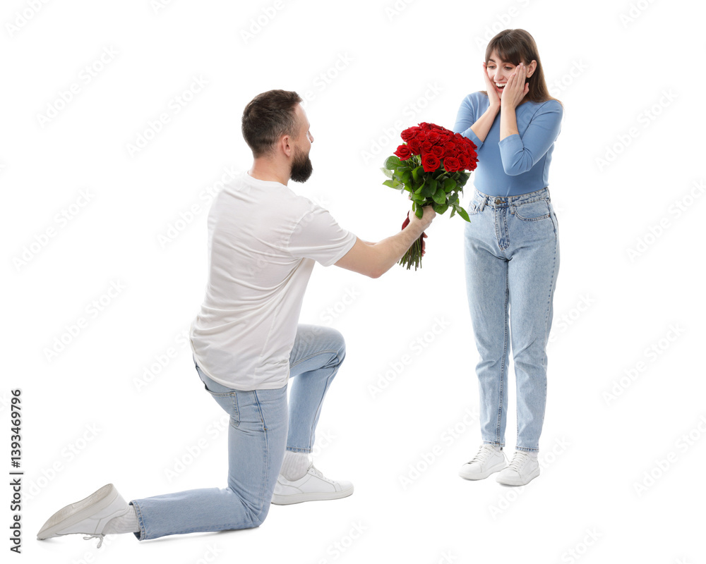 Man presenting bouquet of red roses to his beloved woman on white background Man presenting bouquet of red roses to his beloved woman on white background