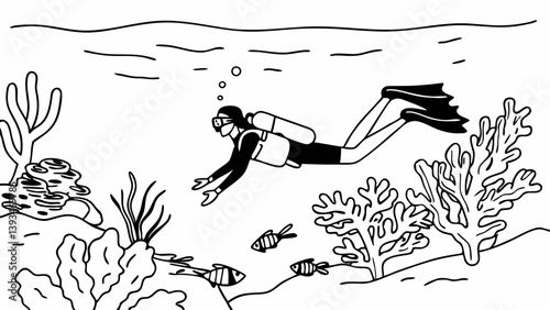 Underwater Scuba Diving Coral Reef Black and White Line Art